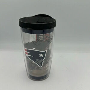 16 ounce New England Patriots tervis tumbler clear, red, white, blue, & grey
